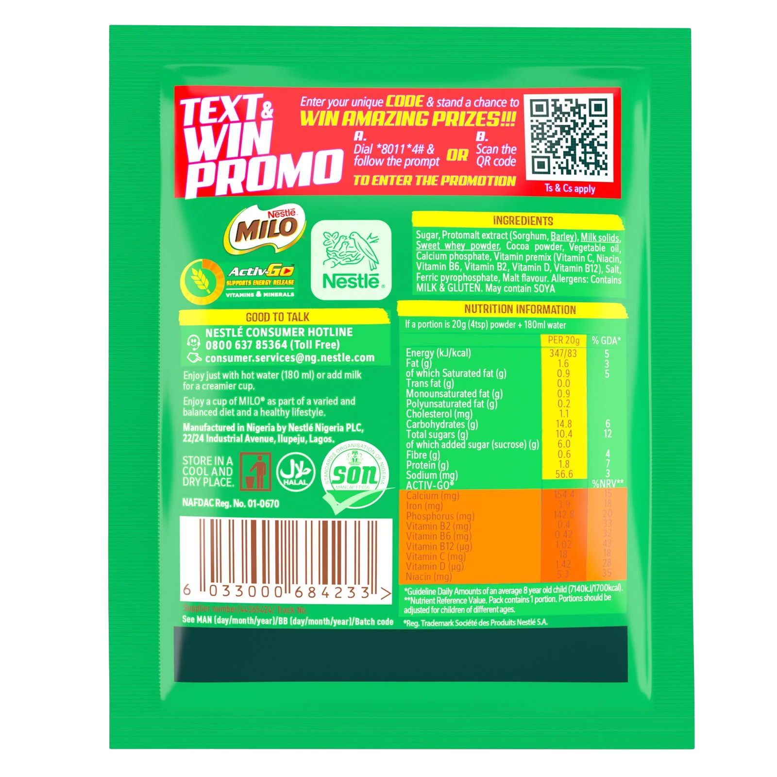 MILO Text and Win Promo pack back with entry instructions